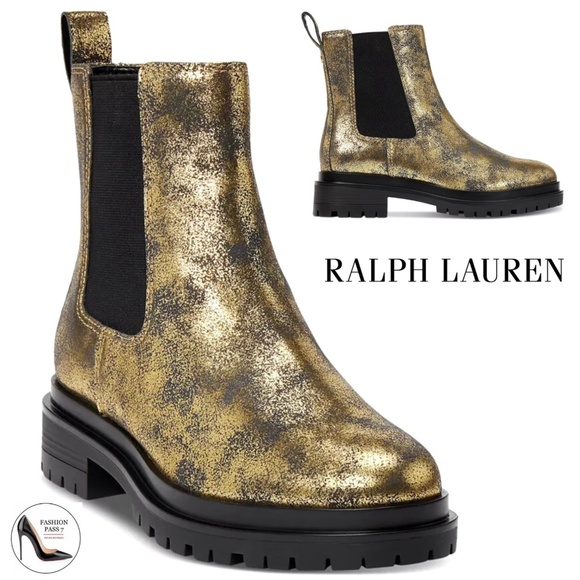 RALPH LAUREN Corinne Booties Gold Black Suede Leather Pull-On Chelsea Boots 7.5 - Picture 1 of 12